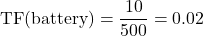 \[  \mathrm{TF}(\text{battery}) = \frac{10}{500} = 0.02 \]