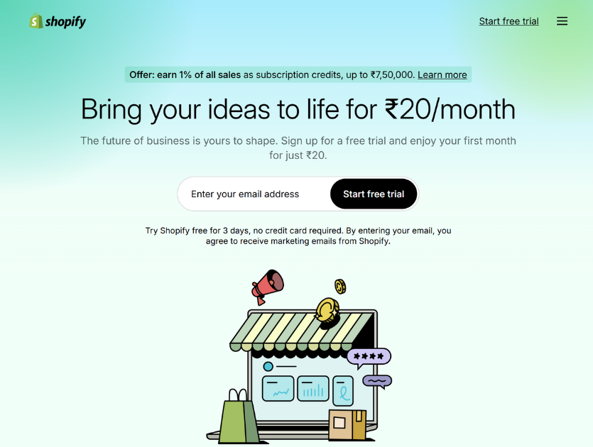 Shopify’s Free Trial Page